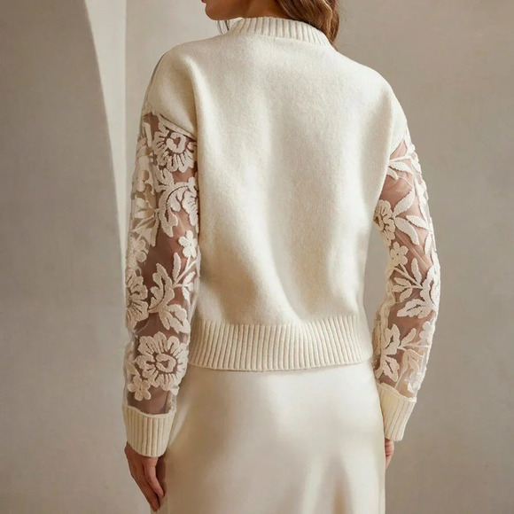 White Casual Women's Sexy Flower Jacquard Sheer Mesh Panel Sweater - Picture 2 of 7